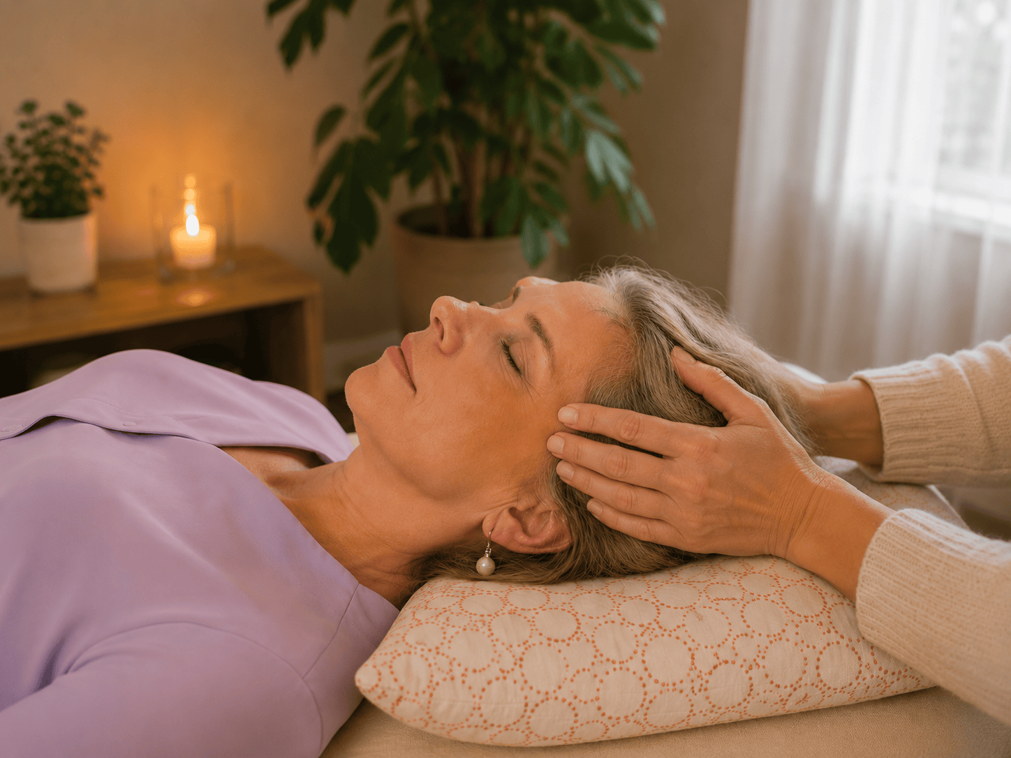 A client receiving an Access Bars session in London — gentle touch on head points at Access Joyful Body East Croydon